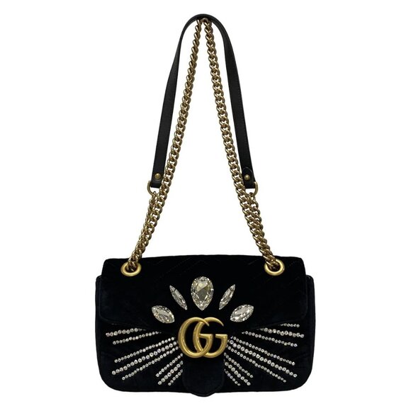 Auth GUCCI GG Marmont Quilting Small Shoulder Bag 443497 Black Velour - Picture 1 of 16
